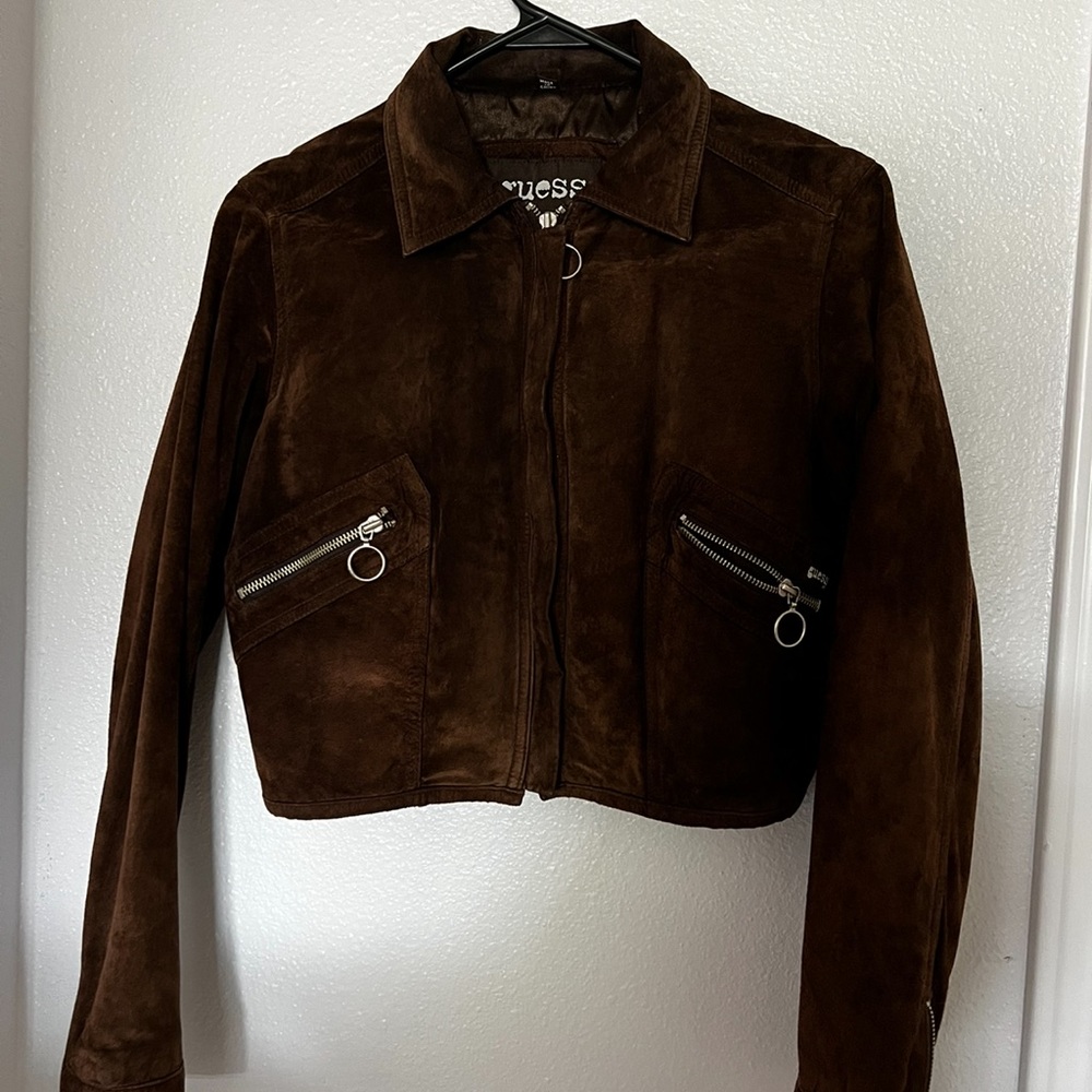 Vintage M Brown GUESS Leather Crop Jacket Excellent Condition